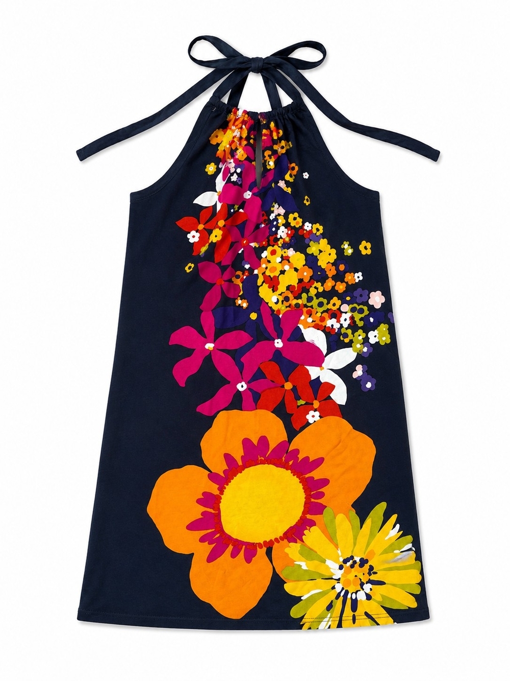 Trina Turk Navy Halter Dress with Orange, Yellow & Pink Floral Print